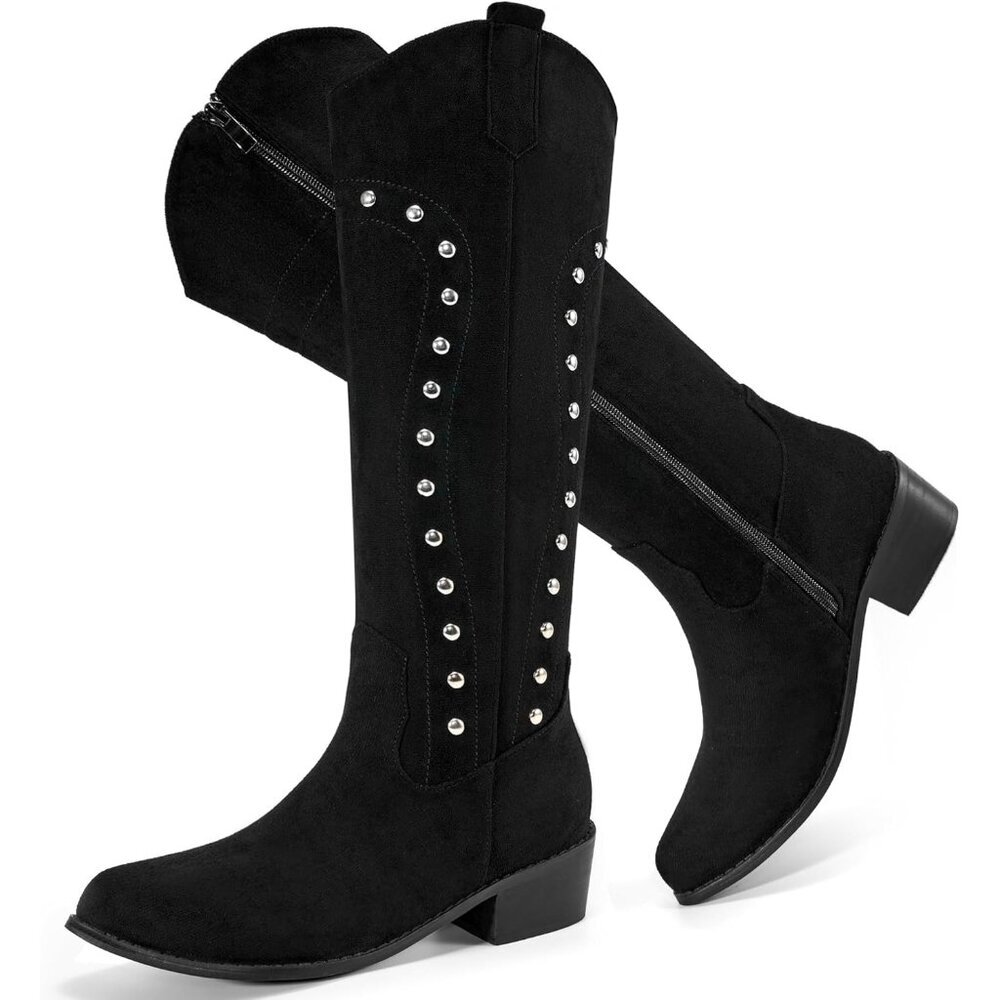 Women Black Suede Knee High Pointed Toe Chunky Heels  Cowgirl Winter Boots